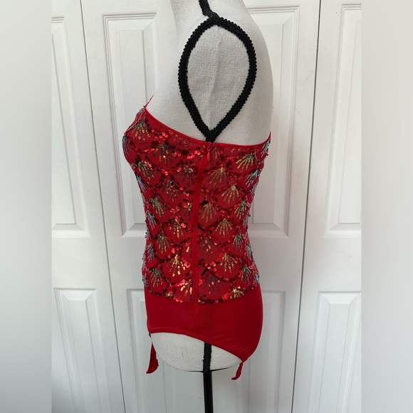 Red Sequin One Shoulder Bodysuit Top Size S NWOT - Picture 3 of 5